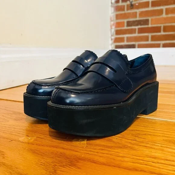 Jil Sander Navy Blue Leather Platform Shoes Eur 38.5 US 8 Chunky Loafers - Picture 7 of 15